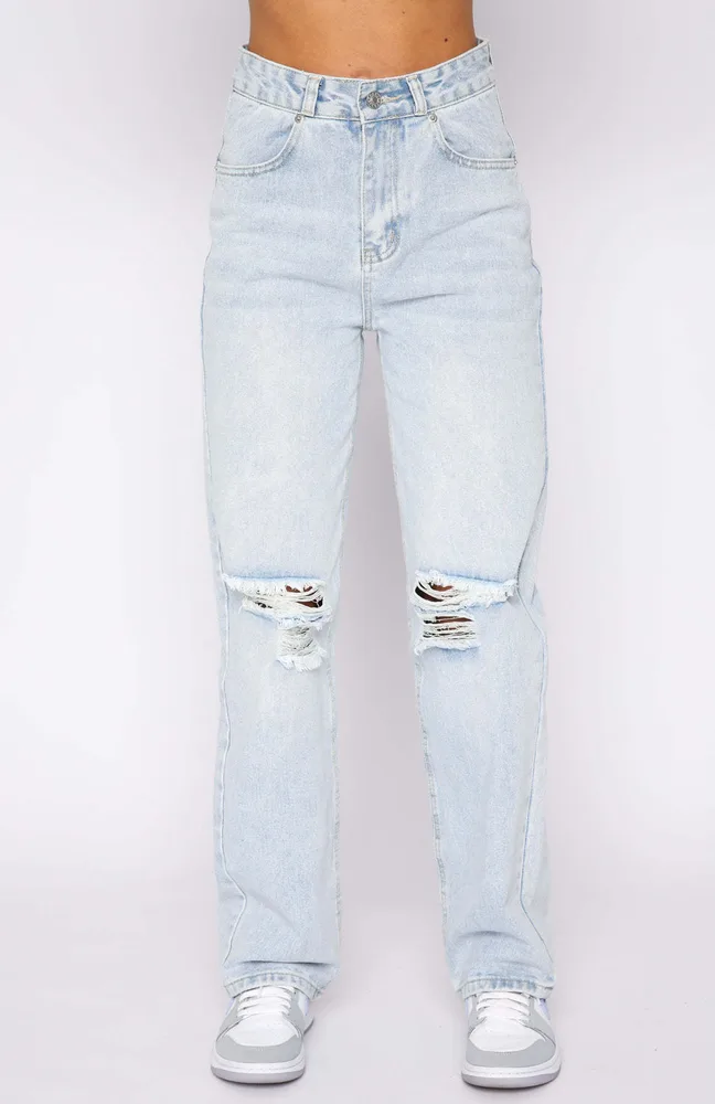 Street Hipster Ripped Washed Denim Straight Women's Trousers - Light Blue
