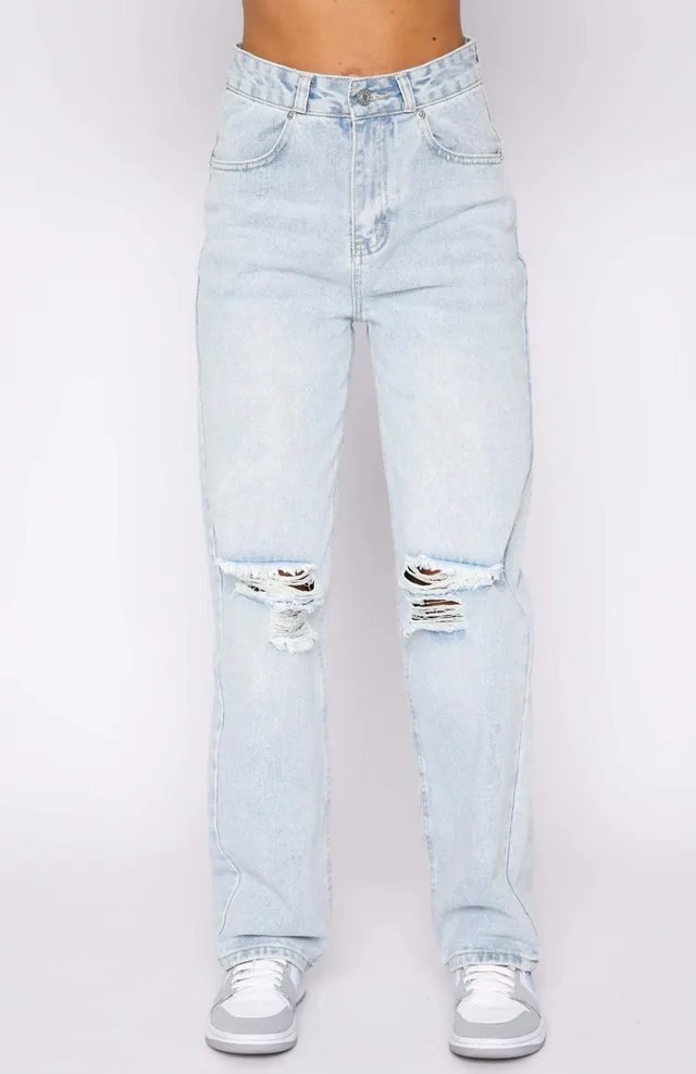 Street Hipster Ripped Washed Denim Straight Women's Trousers Light Blue - Shop at LoveMi