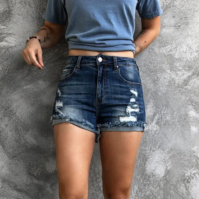Fashion Hot Pants Ripped Stretch Jeans Shorts Navy Blue - Shop at LoveMi