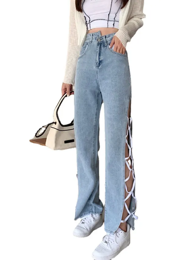 Side Slit Irregular High Waist Strappy Jeans Women's Spring Korean Style Light Blue - Shop at LoveMi
