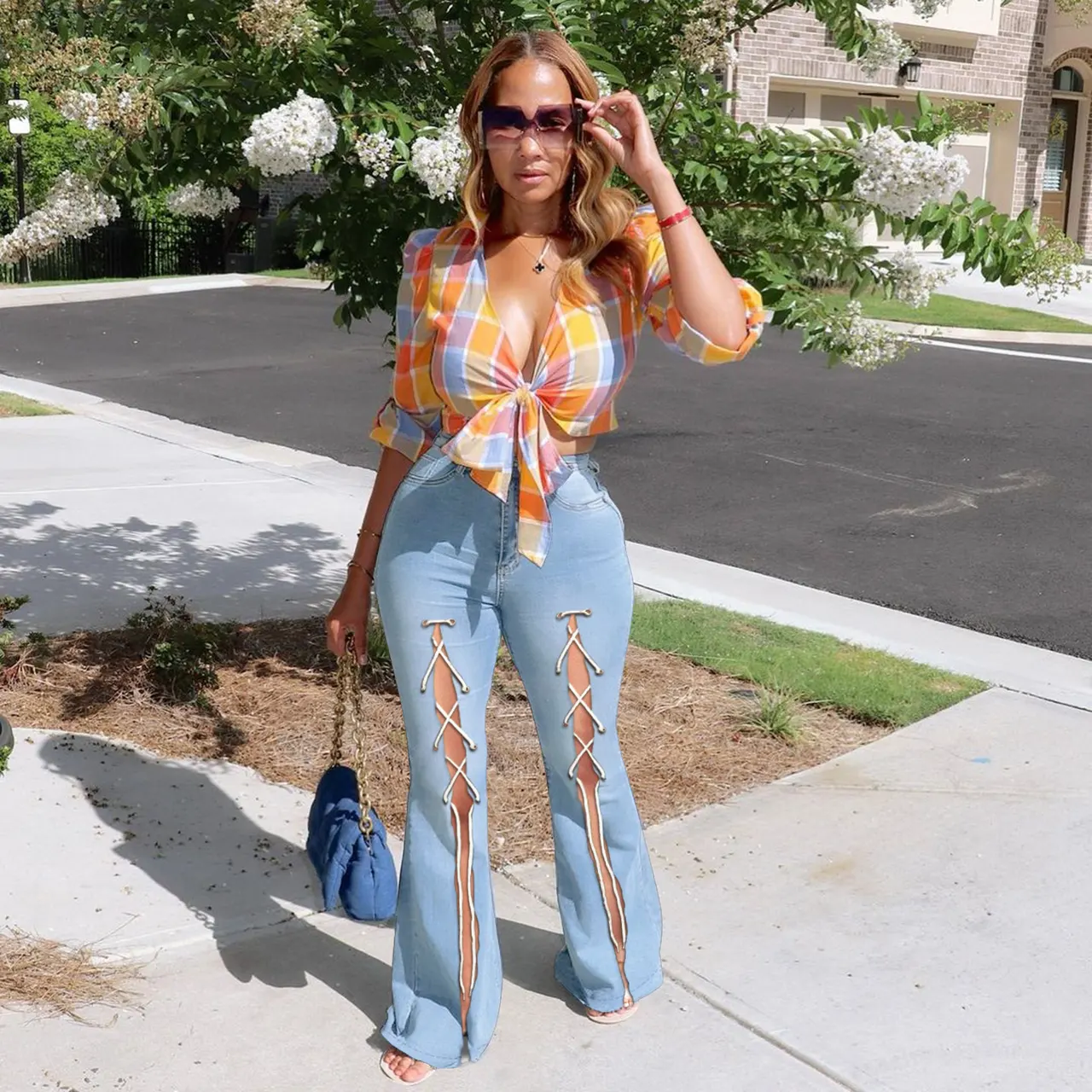 High Waist Slim Fit Denim Bootleg Pants - Light Blue