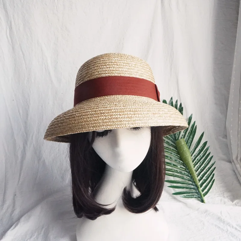French Women's Vintage Straw Bell Beach Straw Hat - Brick Red Bow