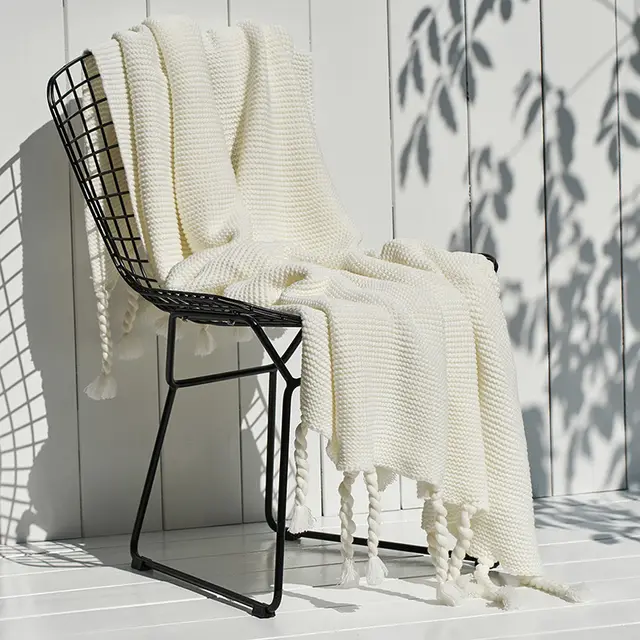 Solid Color Nordic Sofa Office Leisure Blanket Knitted Tassel White - Shop at LoveMi