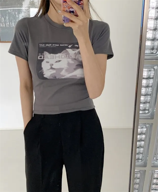 Simple Slim Fit Stretch Cat Letter Print Short Sleeves Grey - Shop at LoveMi