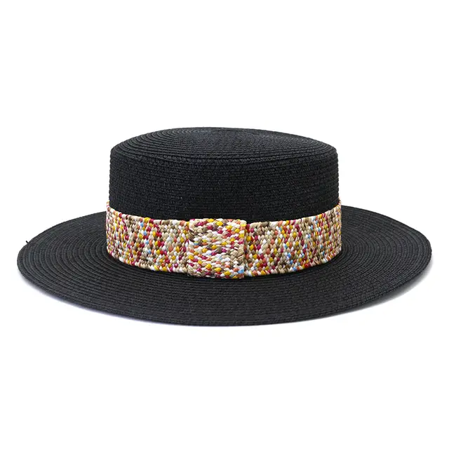 Color Flat Top Straw Hat Outdoor Travel Sunscreen Black - Shop at LoveMi