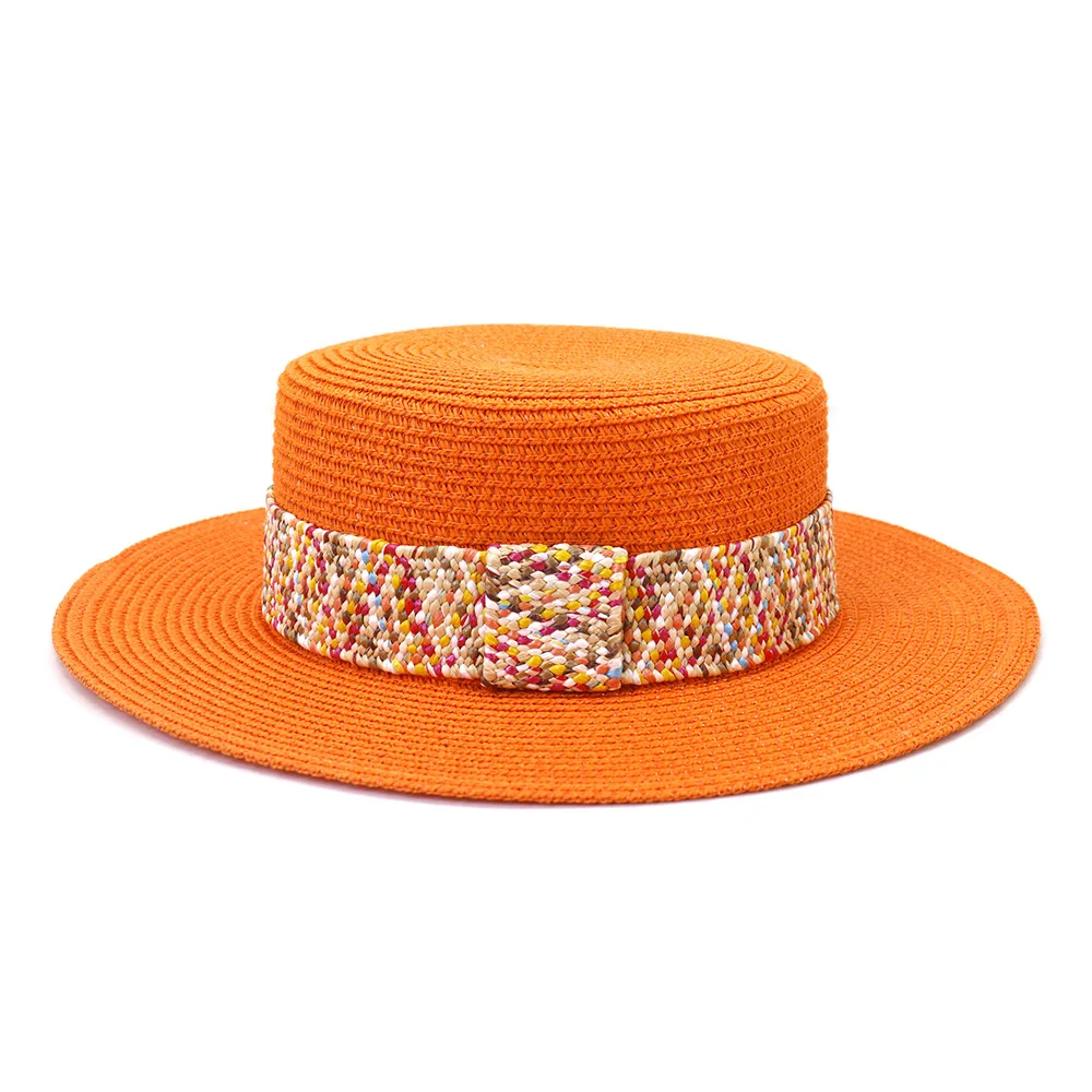 Color Flat Top Straw Hat Outdoor Travel Sunscreen Orange - Shop at LoveMi