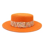 Color Flat Top Straw Hat Outdoor Travel Sunscreen - Orange