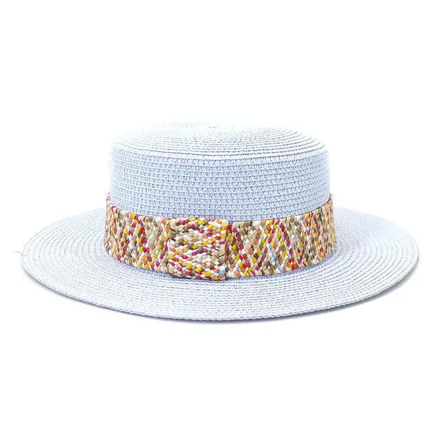 Color Flat Top Straw Hat Outdoor Travel Sunscreen Sky Blue - Shop at LoveMi