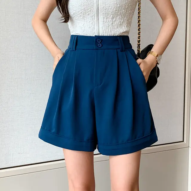 Loose A Line Wide Leg High Waist Button Elastic Casual Pants Blue - Shop at LoveMi