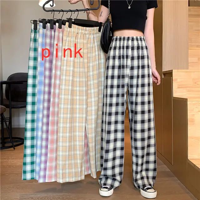 Women's Spring Thin Loose And Casual Plaid Trousers High Waist Pink - Shop at LoveMi