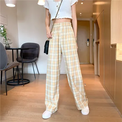 Women's Spring Thin Loose And Casual Plaid Trousers High Waist Yellow - Shop at LoveMi
