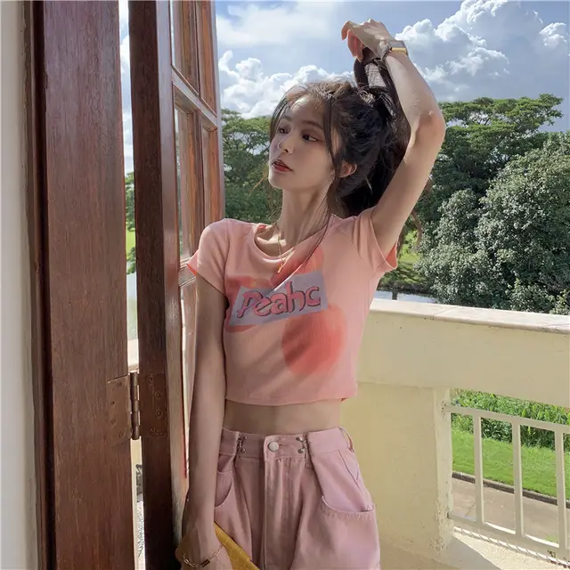 Spring And Summer Slim Fit Cropped Crop Top Pink Short Sleeves - Shop at LoveMi