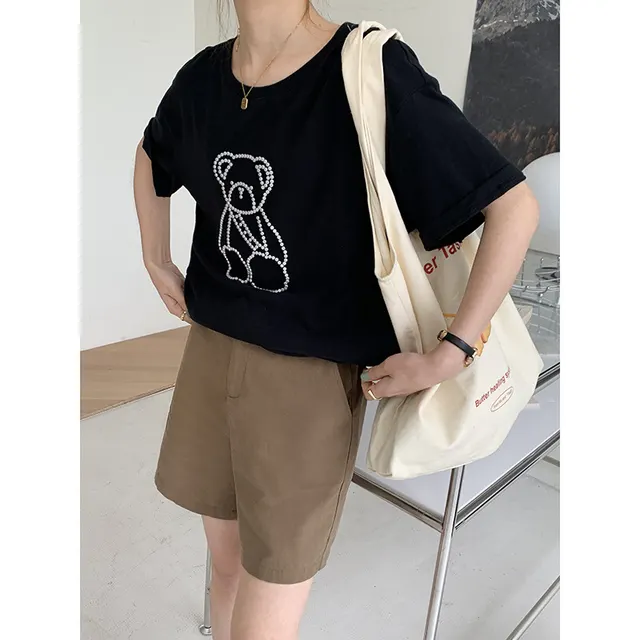 Women's Round Neck Loose Beaded Bear T shirt Black - Shop at LoveMi