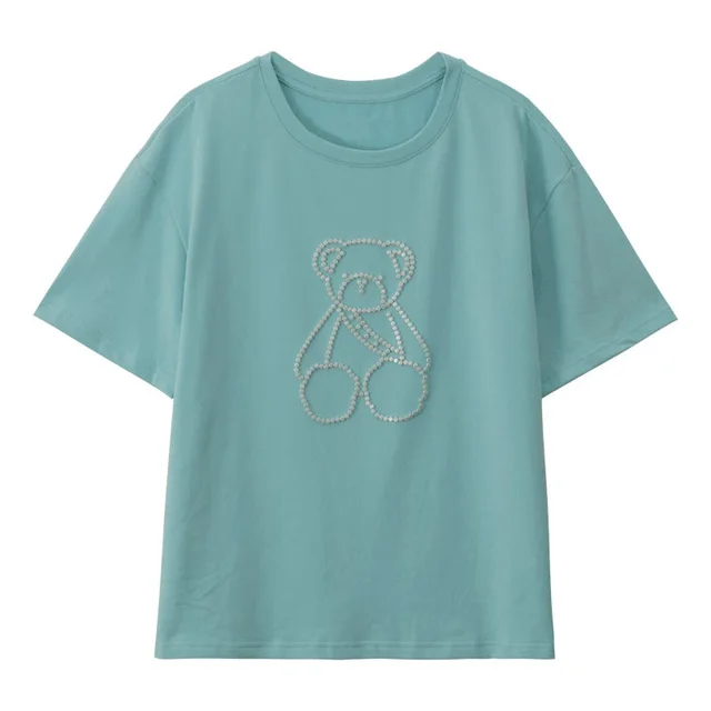Women's Round Neck Loose Beaded Bear T shirt Green - Shop at LoveMi