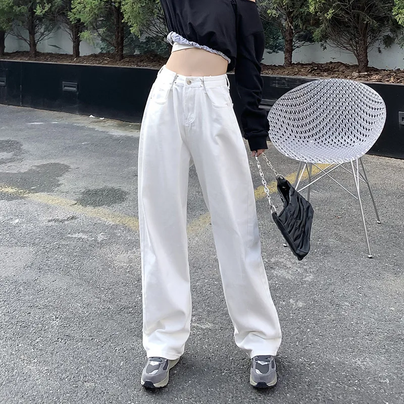 Women's Loose High Waist Double Button Wide Leg Jeans - White