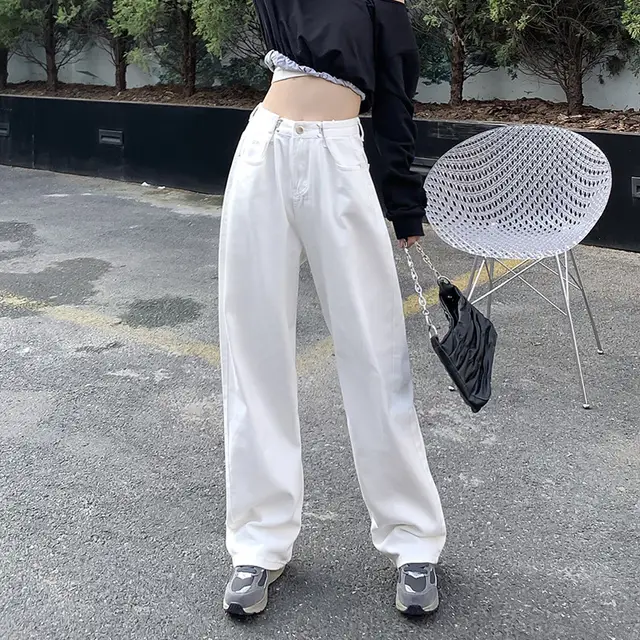 Women's Loose High Waist Double Button Wide Leg Jeans White - Shop at LoveMi