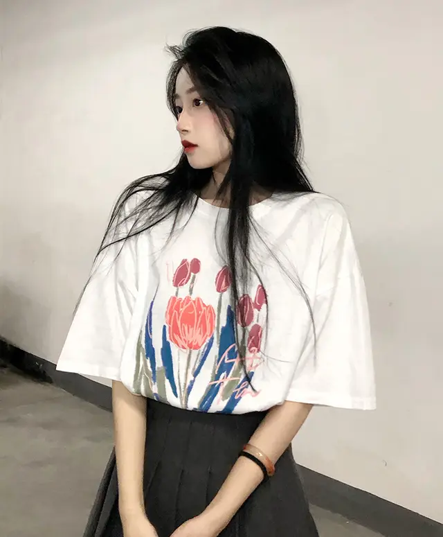 Women's Retro Loose Graffiti Cotton Short Sleeve T Shirt White Flowers - Shop at LoveMi