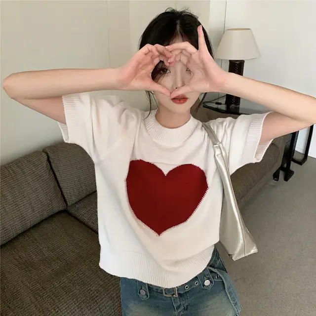 Love Short Sleeve Knitted Sweater Spring Korean Style White - Shop at LoveMi