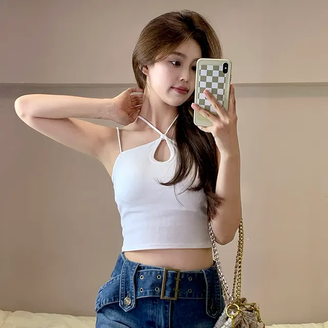 Design Sense Hollow Short Section Back Hanging Neck Small Sling Women's Clothing White - Shop at LoveMi