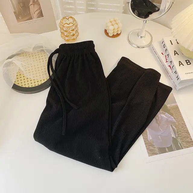 High Waist Slim Drawstring Trousers Straight Casual Pants Women's Black - Shop at LoveMi