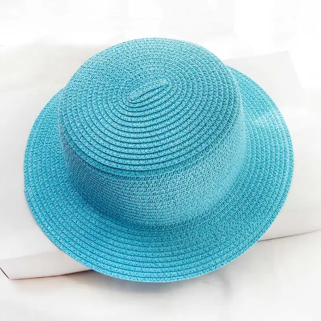 Flat Top Hat Foldable Simple Beach Korean Version Casual Travel Straw Sky Blue - Shop at LoveMi