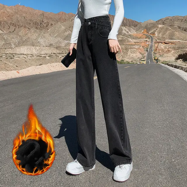 Fleece Thickened Wide Leg Pants Irregular Mopping Jeans High Waist Women Black Grey - Shop at LoveMi