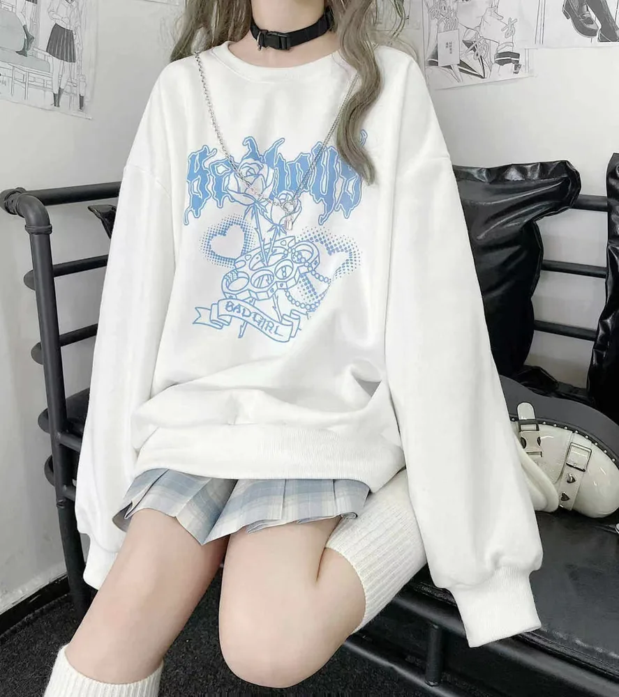 Women's Japanese Long Sleeve Harajuku Fleece Round Neck Sweater White - Shop at LoveMi