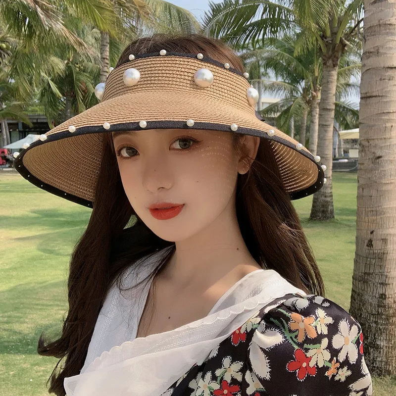 Straw Sun Protection Simple Empty Top Pearl Topless Sun Hat Coffee - Shop at LoveMi