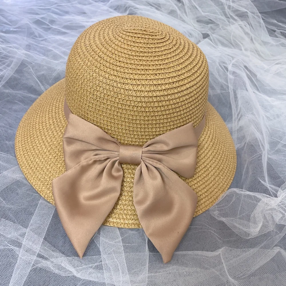 Beach Sun Simple Bow Monochrome Straw Hat Khaki - Shop at LoveMi