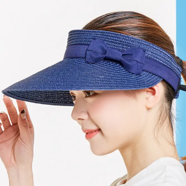 Big Brim Bow Straw Hat Korean Version New Women's Sunscreen Navy Blue - Shop at LoveMi