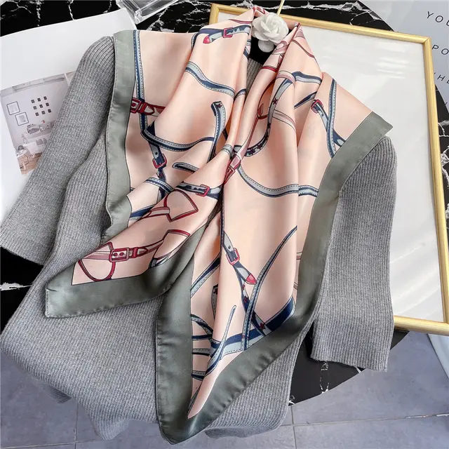 Women's Striped Silk Scarf Color Matching Versatile Printing Silk Fj3364 Powder Gray Edge - Shop at LoveMi