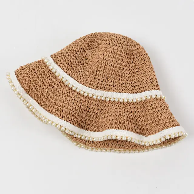 Pearl Decoration Hand Crochet Paper Straw Hat Foldable Big Brim Sunshade Beac Khaki - Shop at LoveMi