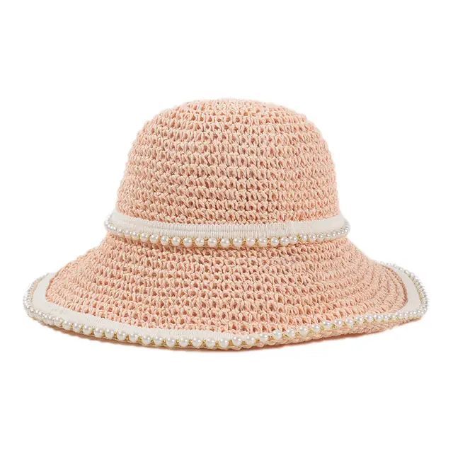 Pearl Decoration Hand Crochet Paper Straw Hat Foldable Big Brim Sunshade Beac Pink - Shop at LoveMi