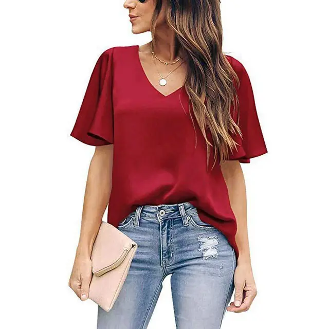 Loose V Neck Ruffle Sleeve Casual Women's Top Red - Shop at LoveMi