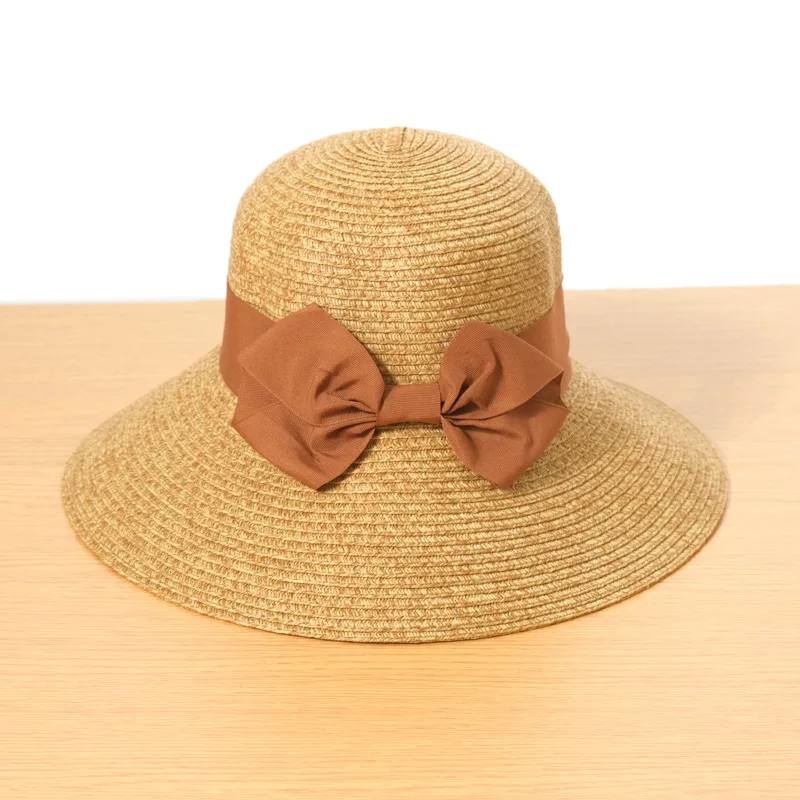 Foldable Bow Shading Beach Sun Protection Straw Hat Coffee - Shop at LoveMi