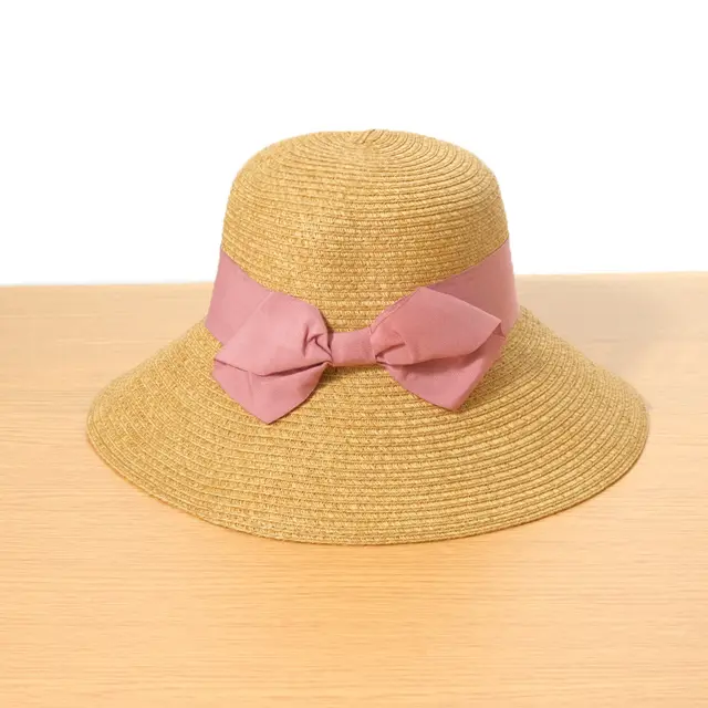 Foldable Bow Shading Beach Sun Protection Straw Hat Pink - Shop at LoveMi