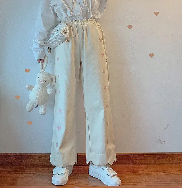 Japanese Soft Girl Ins Tide Love Print Straight Loose Jeans Apricot - Shop at LoveMi