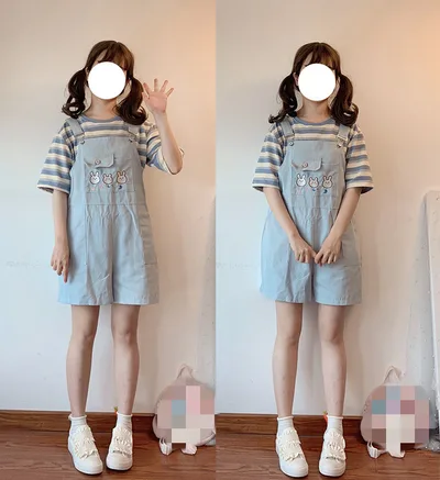 Women's Cute Rabbit Embroidered High Waist Loose Bib Shorts Blue - Shop at LoveMi