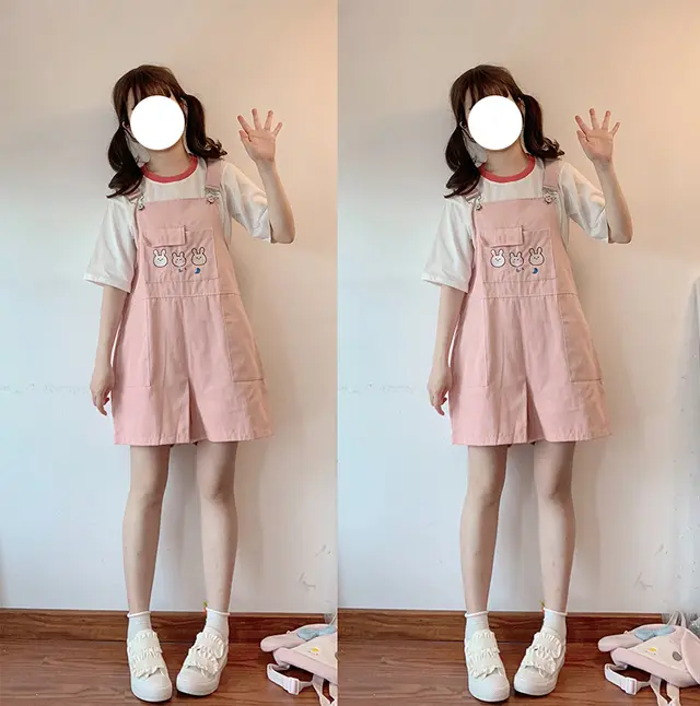 Women's Cute Rabbit Embroidered High Waist Loose Bib Shorts Pink - Shop at LoveMi