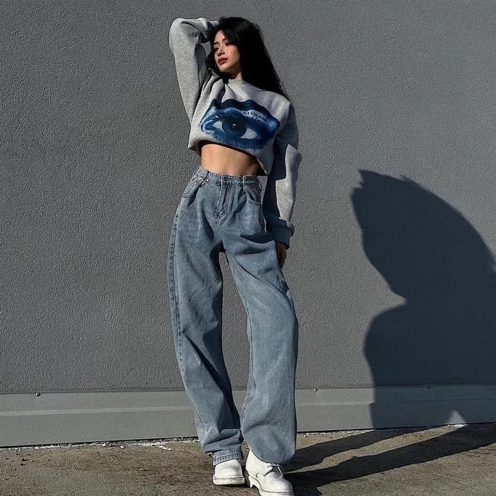 Trendy Mopping Pants High Waist Wide Leg Pants Straight Jeans Blue - Shop at LoveMi