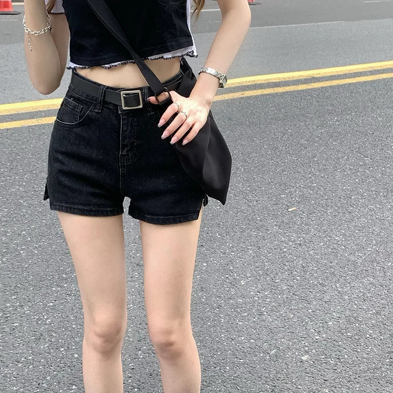 Women's High Waist Skinny Denim Shorts - Black