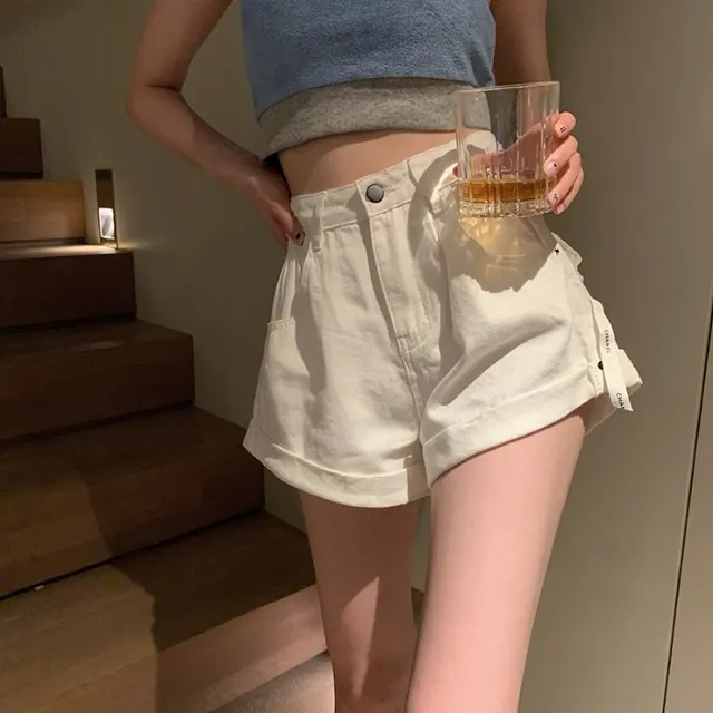 Ladies High Waist Slim Loose Wide Leg Denim Shorts Beige - Shop at LoveMi