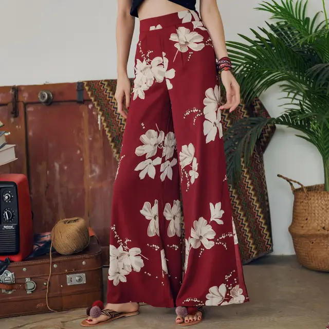 Women's Summer High Waist Retro Boho Loose Trousers Red - Shop at LoveMi