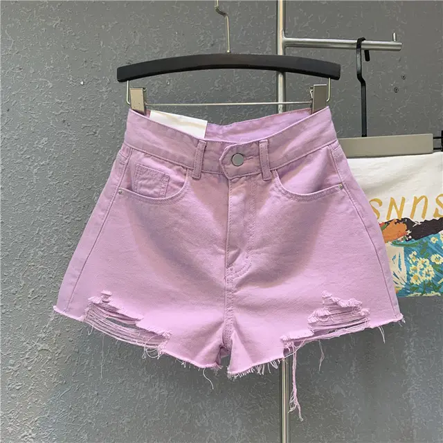 Fashion Wide Leg Pants Ripped Raw Edge Denim Shorts Purple - Shop at LoveMi