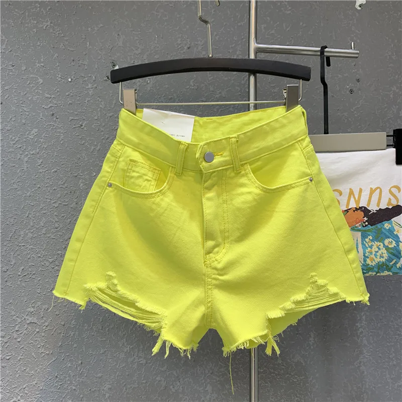 Fashion Wide Leg Pants Ripped Raw Edge Denim Shorts - Yellow