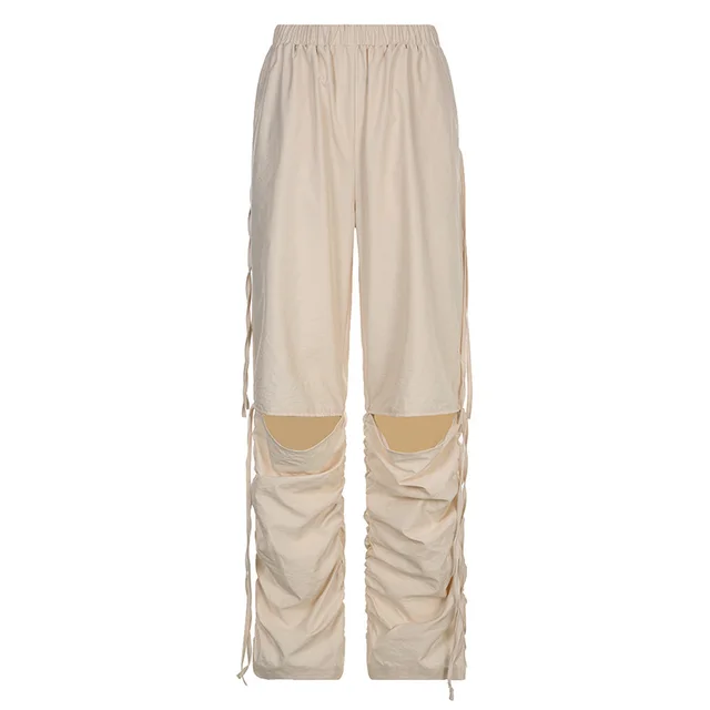 Cutout Ribbon Pleated Loose Straight Casual Trousers Color - Shop at LoveMi