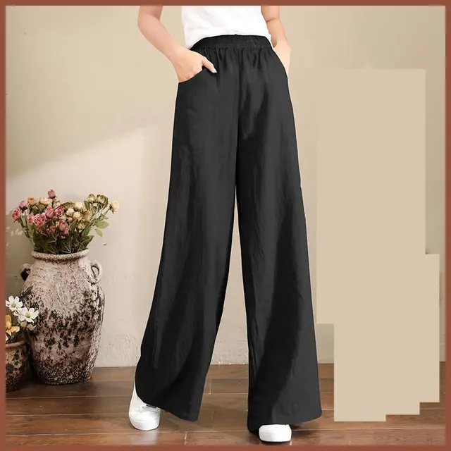 Pure Linen Korean Wide Leg Pants Women Loose Rope Black - Shop at LoveMi