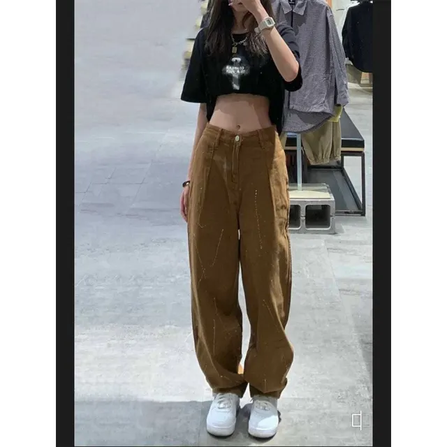 Women's American Fashion Retro Wide Leg Jeans Brown - Shop at LoveMi