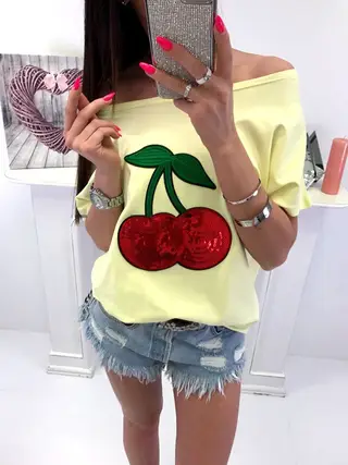 Cotton Blend Sequin Cherry Patch T-shirt - Yellow