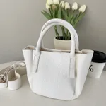 Litchi Soft Leather Solid Crossbody Basket Bucket Bag - White